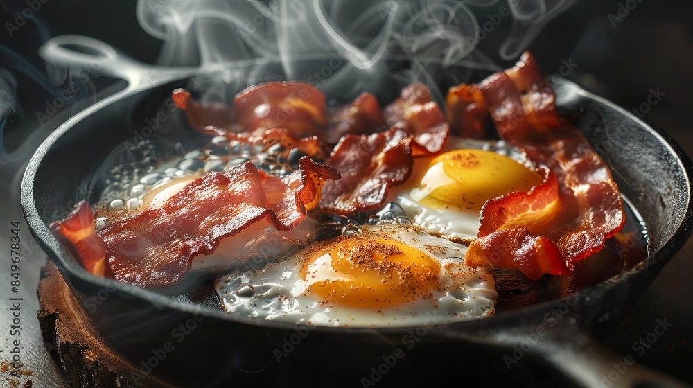 Sizzling bacon and fried eggs cooking in a cast iron skillet, steam rising from the pan, a perfect breakfast meal in the making. Sizzling bacon and fried eggs cooking in a cast iron skillet, steam rising from the pan, a perfect breakfast meal in the making.