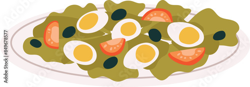 Fresh salad plate vector illustration. Boiled eggs, tomatoes, lettuce leaves plate. Healthy food concept digital artwork