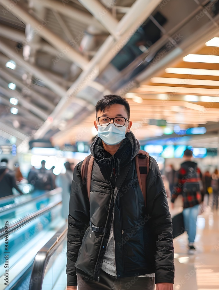 traveler man wearing face mask standing in airport terminal traveler man wearing face mask standing in airport terminal