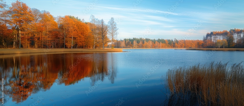Obraz premium Serene autumn lake reflecting golden trees