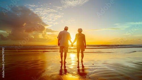 the back view of a happy elderly couple holding hands on the beach during sunset 