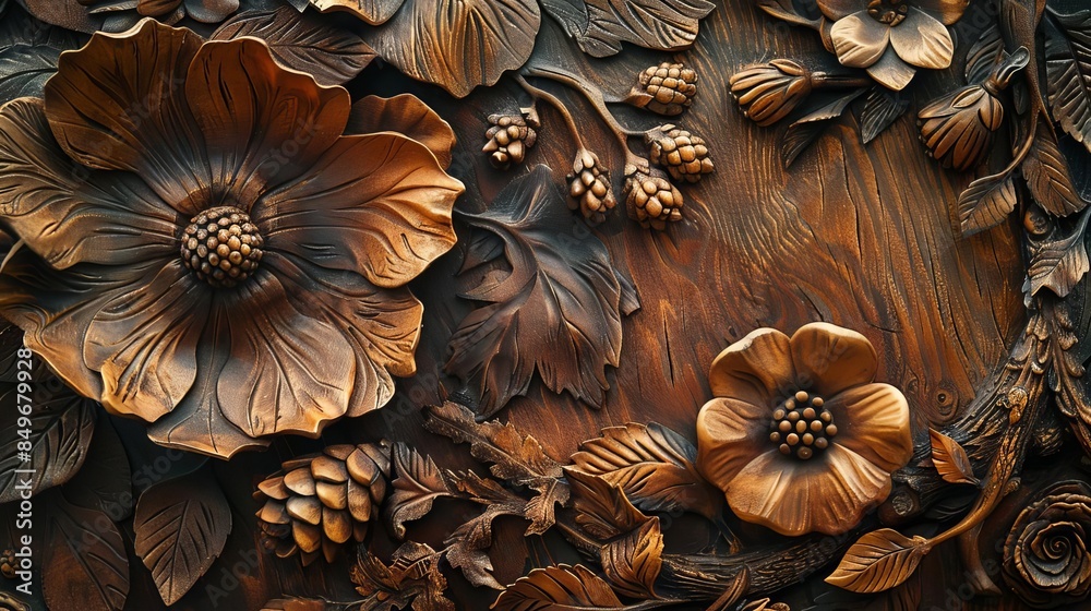 Fototapeta premium Rustic wood carving with intricate details, earthy tones, detailed, realistic photography