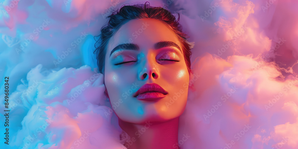 Sleeping happy woman head on the white fluffy cloud on colored background Sleeping happy woman head on the white fluffy cloud on colored background