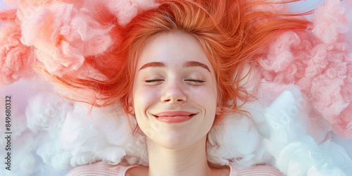 Sleeping happy woman head on the white fluffy cloud on colored background
