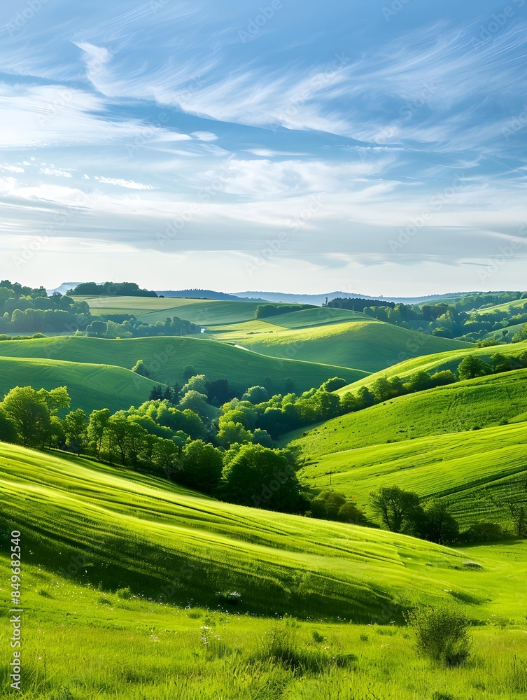 Fototapeta premium panorama of beautiful countryside grassy field and rolling hills