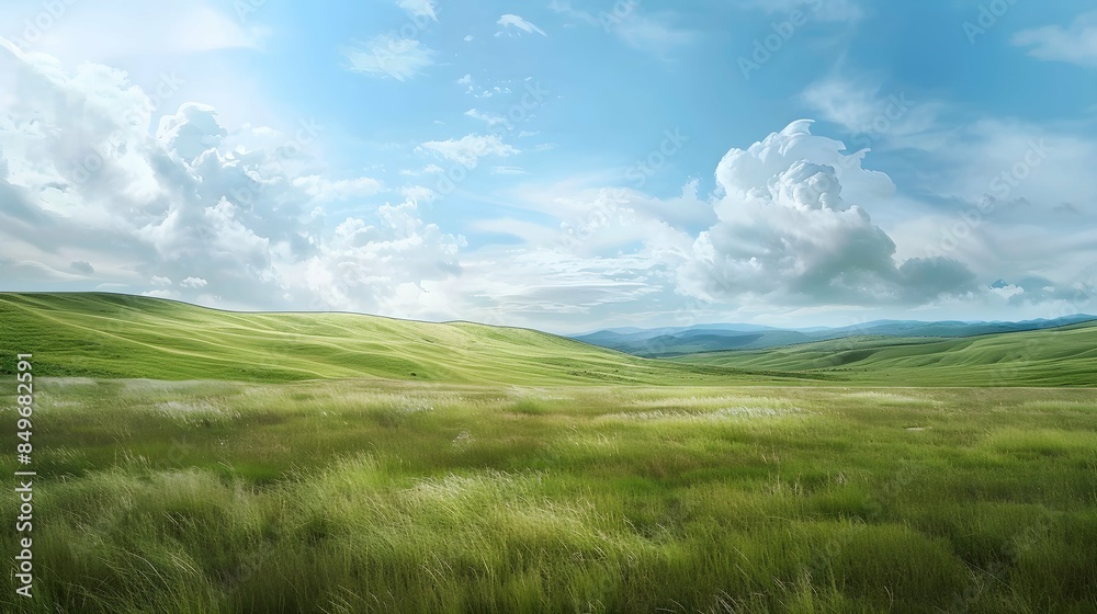 Fototapeta premium panorama of beautiful countryside grassy field and rolling hills 