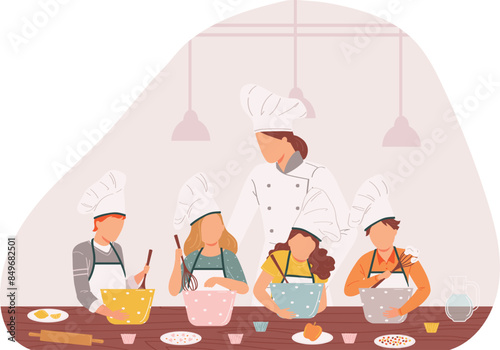Chef teaching kids cooking class, children wearing aprons chef hats, cooking lesson. Happy kids learning bake, kitchen interior, culinary education. Young cooks practicing baking skills, mentor