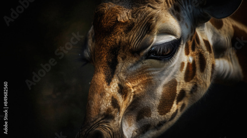 A detailed close-up of a giraffe's head, highlighting its eyelashes and patterned fur, with a dark, blurred background.
