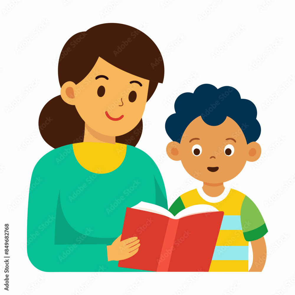 Little kid learn how to read with teacher