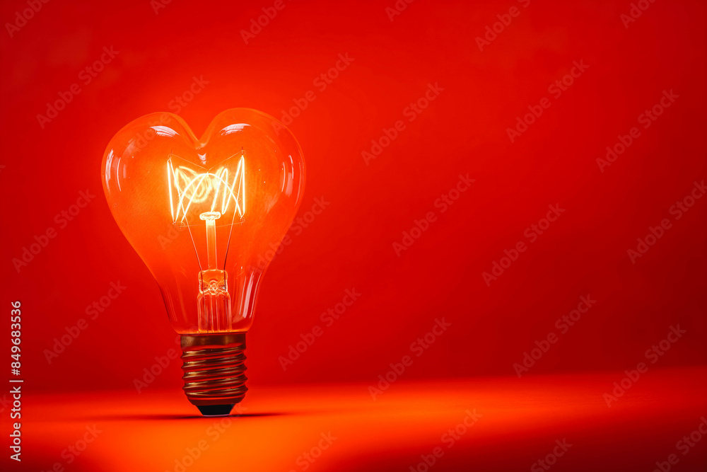 Light bulb with a heart shape glowing filament on a red background, Valentine day concept Light bulb with a heart shape glowing filament on a red background, Valentine day concept