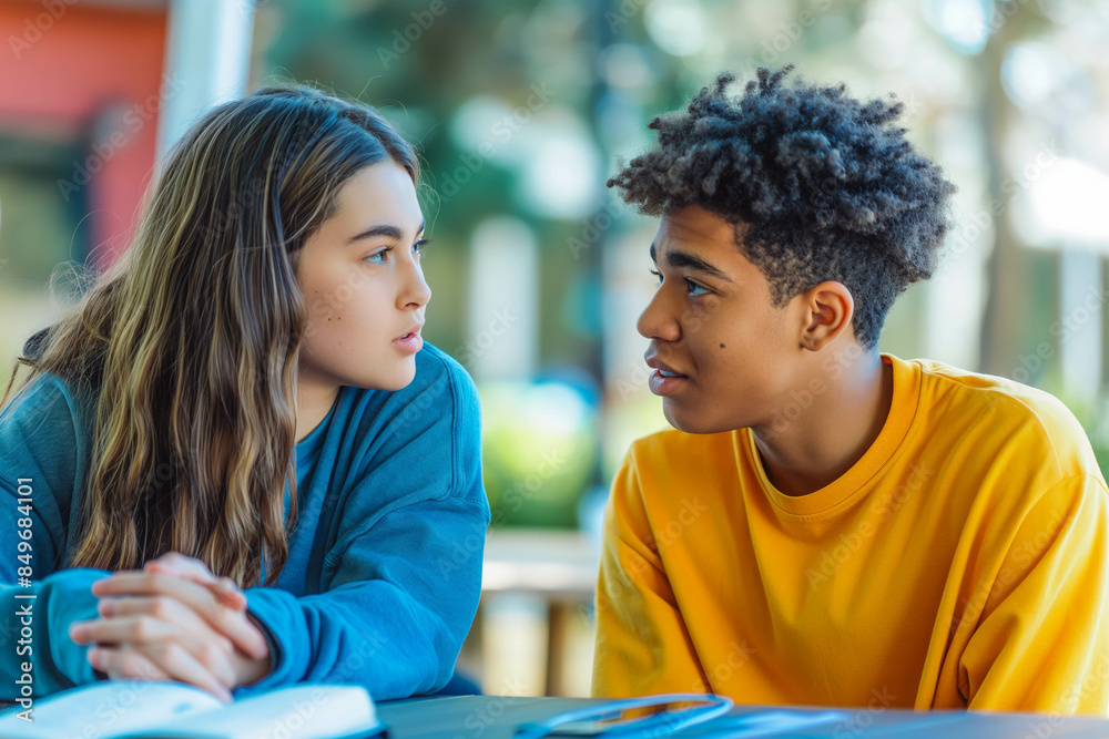 Two teens discussing strategies for maintaining work-life balance. Two teens discussing strategies for maintaining work-life balance.