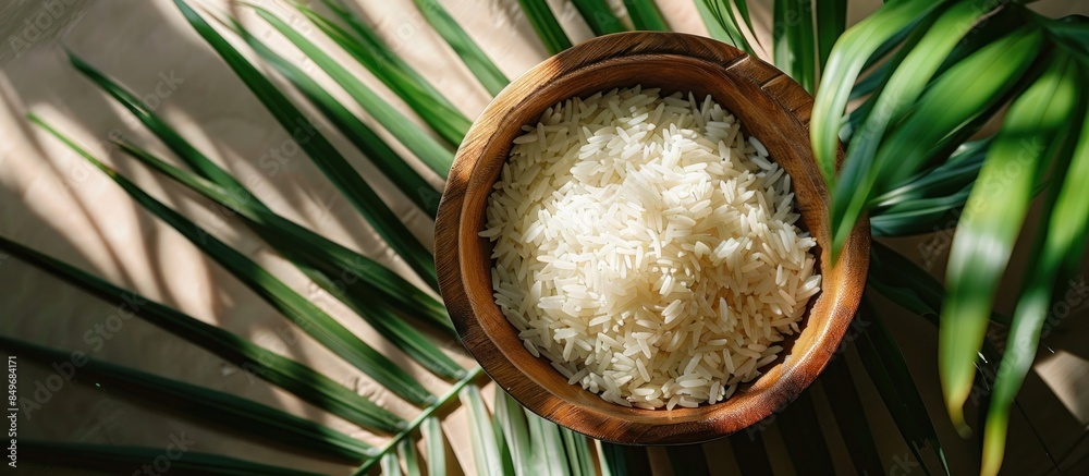 Wooden bowl of rice on palm leaves