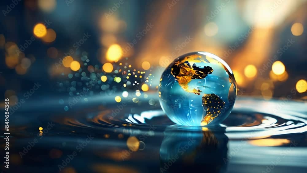 transparent earth globe model rotations on water surface. Water World. transparent earth globe model rotations on water surface. Water World.