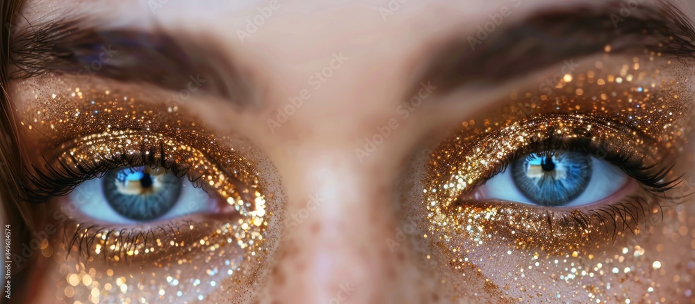 Closeup selfie of womans eye with gold glitter Closeup selfie of womans eye with gold glitter