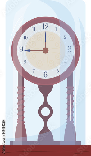 Vintage mantel clock illustration, classical desk timepiece design. Antique tabletop clock Roman numerals, timekeeping object. Elegant ornamental clock, interior piece, mantelpiece