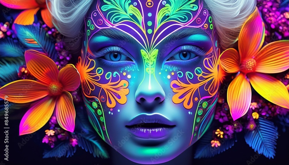 the face of a woman painted florescent flowers the face of a woman painted florescent flowers