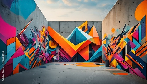 Striking geometric street art featuring vibrant colors and bold shapes on an urban concrete wall