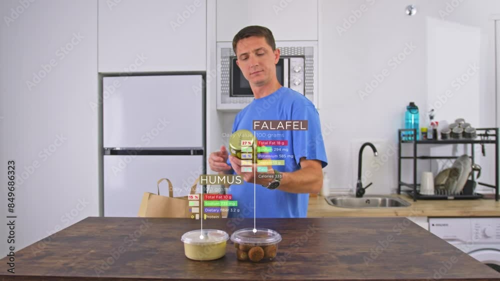 A man is arranging groceries on a kitchen counter, focusing on nutritional labels of healthy vegan food, nutrition facts infographic in the foreground A man is arranging groceries on a kitchen counter, focusing on nutritional labels of healthy vegan food, nutrition facts infographic in the foreground