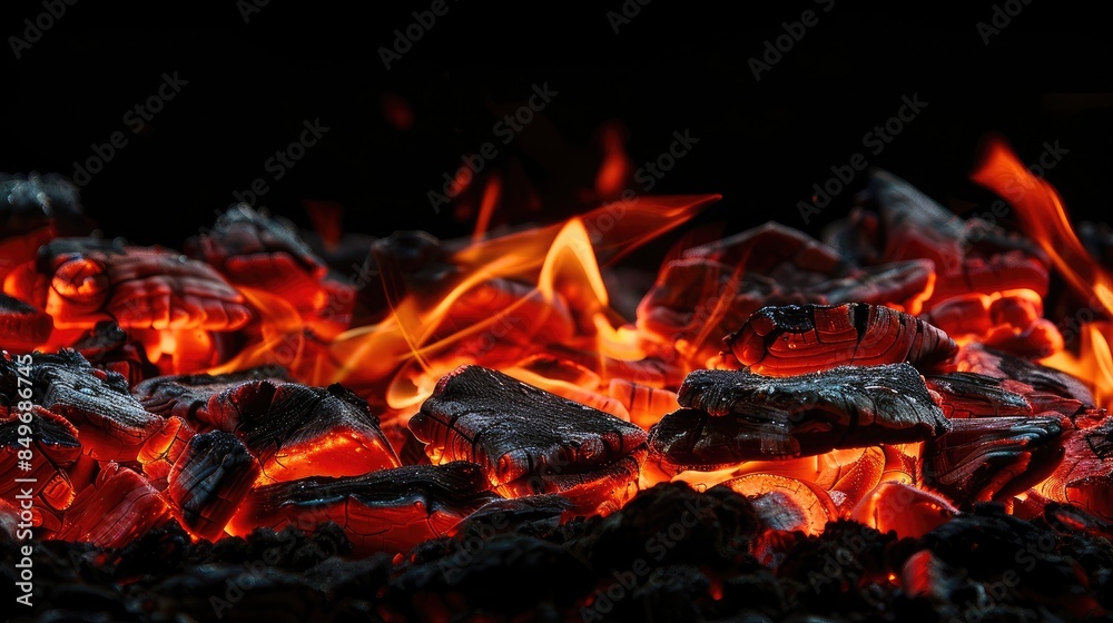 Close-up of a burning ember with glowing red and orange flames against a black background Close-up of a burning ember with glowing red and orange flames against a black background