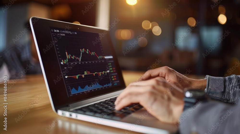 Close-up of a businessman analyzing stock market trends on a laptop screen Close-up of a businessman analyzing stock market trends on a laptop screen