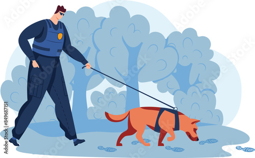Police officer handling search rescue dog park during investigation, wearing uniform sunglasses. K9 unit training session handler walking scenttracking German Shepherd forest. Patrolman service dog