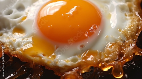 Close-up of a deliciously crispy fried egg with a perfectly cooked yolk, showing its golden, mouthwatering texture in a sizzling pan.