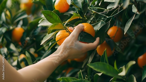 Hands pick juicy tasty oranges from a tree in the garden. Organic food, healthy fruit, harvesting and farming concept photo