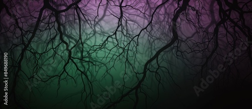 Silhouetted bare branches create a spooky scene with green and purple fog swirling behind them. This eerie background is perfect for halloween projects photo