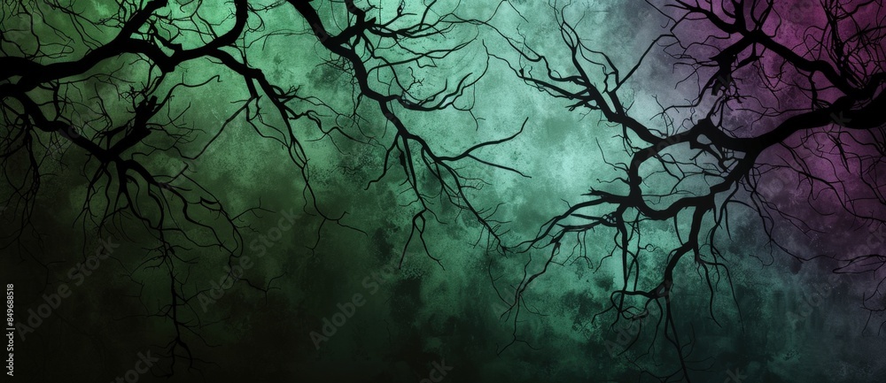 Silhouetted bare branches creating a spooky mood over a grunge textured background with green and purple colors, perfect for halloween projects