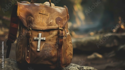 Close-up of a cross hanging from a backpack photo