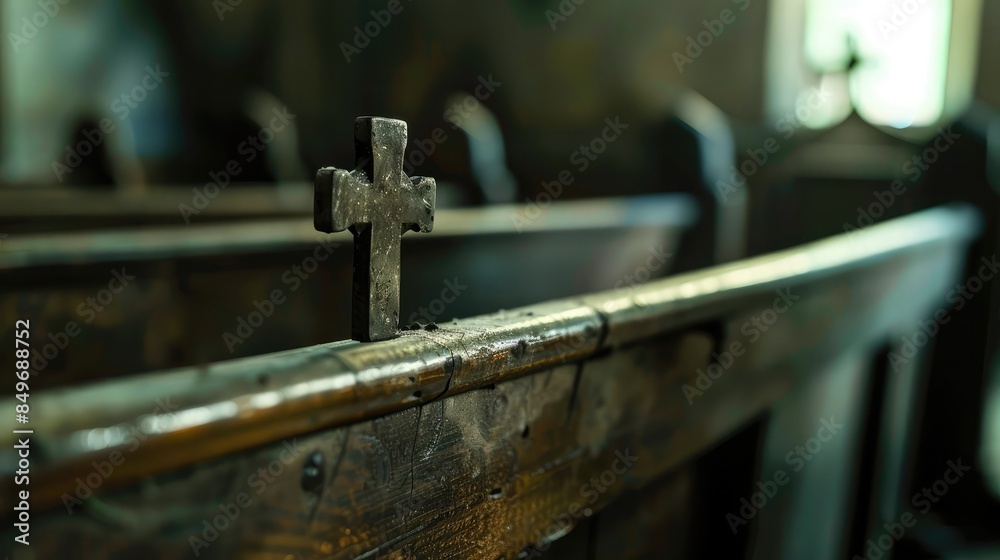 Close-up of a cross in a church pew Close-up of a cross in a church pew