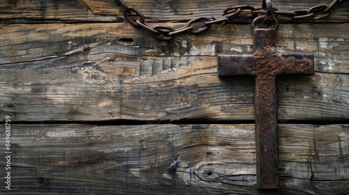 Close-up of a cross hanging from a chain on a wooden background photo