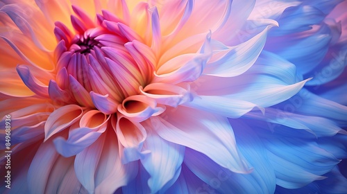 Close-up of a vibrant dahlia flower in full bloom, showcasing delicate petals in shades of pink, orange, and blue.