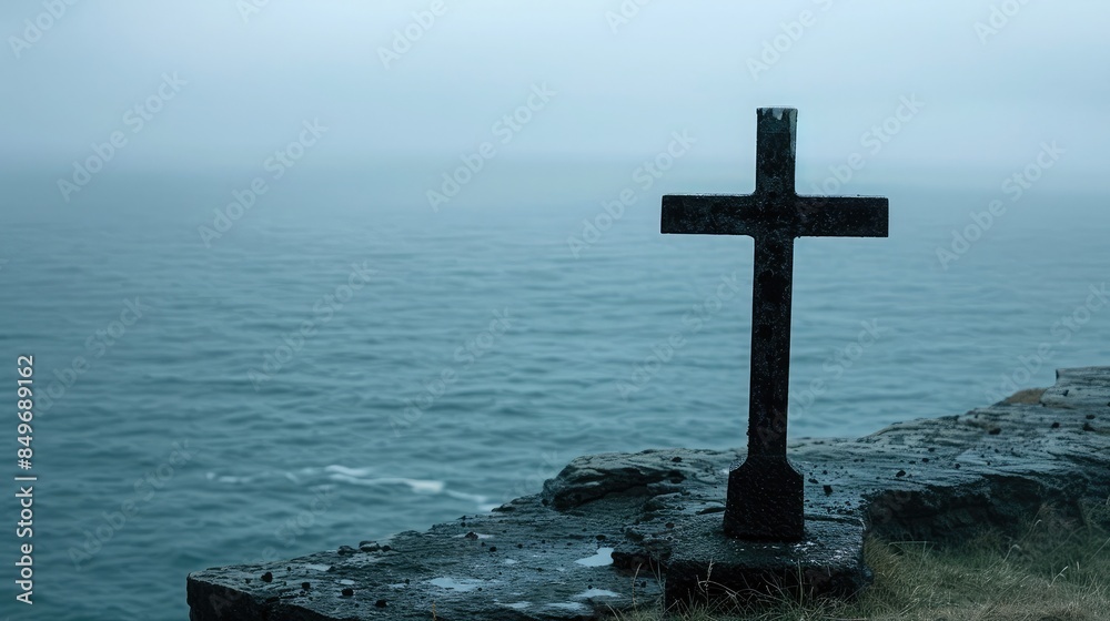 Close-up of a cross on a cliff edge with the ocean in the background Close-up of a cross on a cliff edge with the ocean in the background