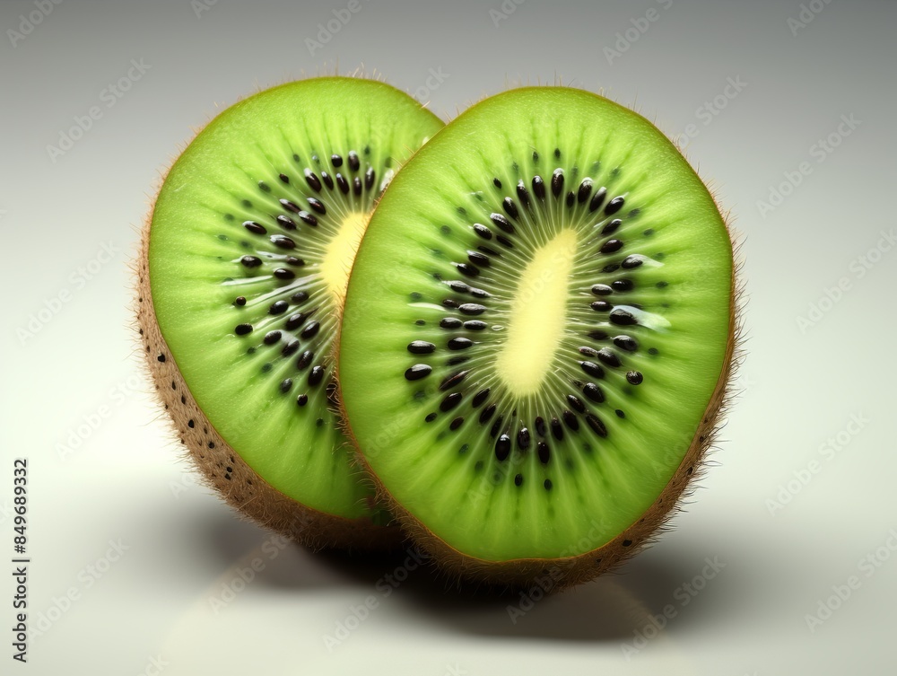 Close-up of fresh kiwi fruit cut in half, showcasing the vibrant green flesh and seeds, isolated on a neutral background. Close-up of fresh kiwi fruit cut in half, showcasing the vibrant green flesh and seeds, isolated on a neutral background.