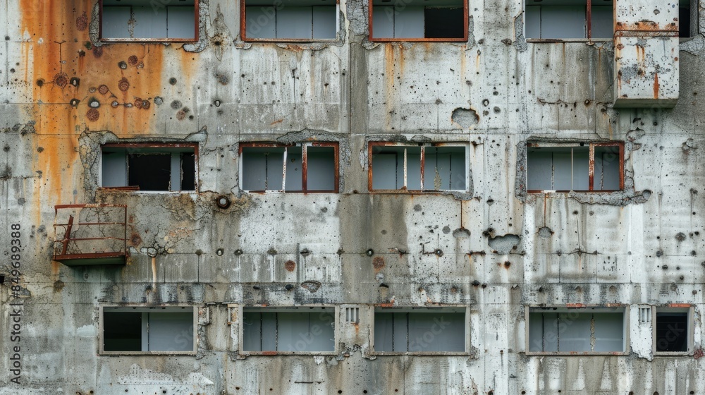 Aged concrete building with deteriorated and corroded steel reinforcements Aged concrete building with deteriorated and corroded steel reinforcements