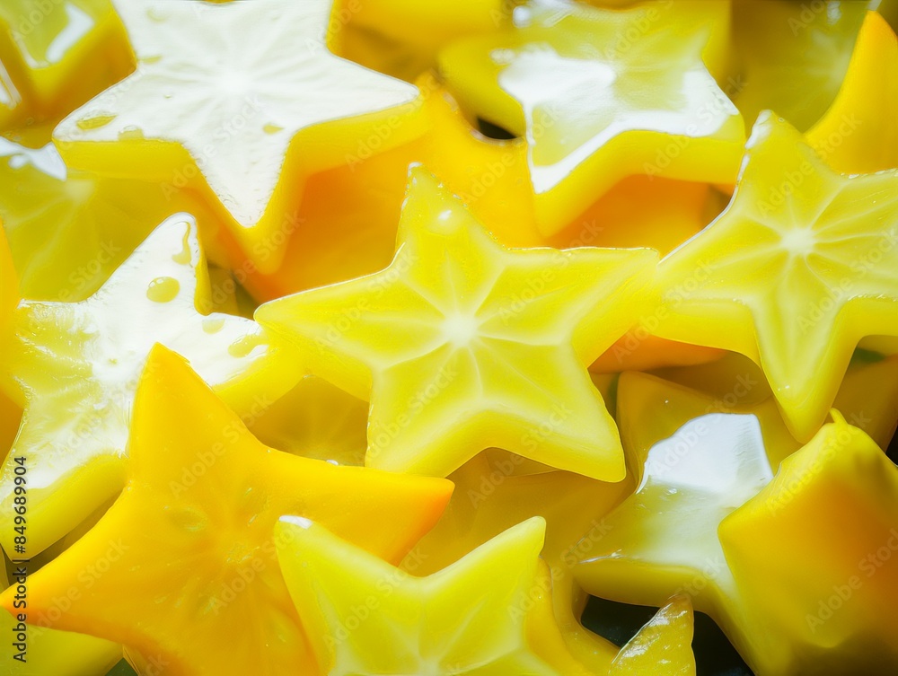 Close-up of starfruit cut into star-shaped slices, showcasing vibrant yellow and glossy texture, perfect for tropical and exotic themes. Close-up of starfruit cut into star-shaped slices, showcasing vibrant yellow and glossy texture, perfect for tropical and exotic themes.