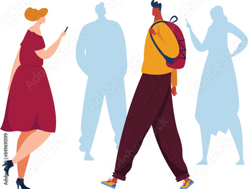 Woman holding phone looks while walking man carrying backpack. Diverse individuals strolling, dressed casual attire, silhouettes background. Abstract illustration depicting daily urban scene