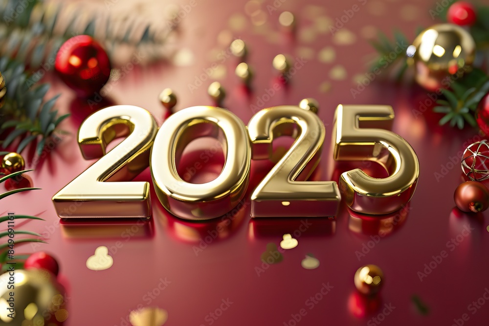 Golden 2025 numbers on red background with festive Christmas decorations Golden 2025 numbers on red background with festive Christmas decorations