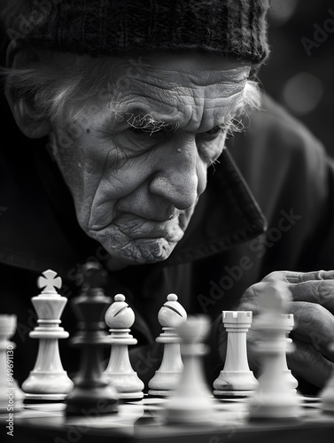 Elderly man playing chess black and white photo photo