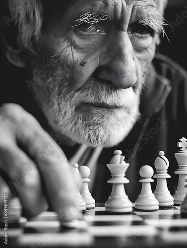 Elderly man playing chess black and white photo photo