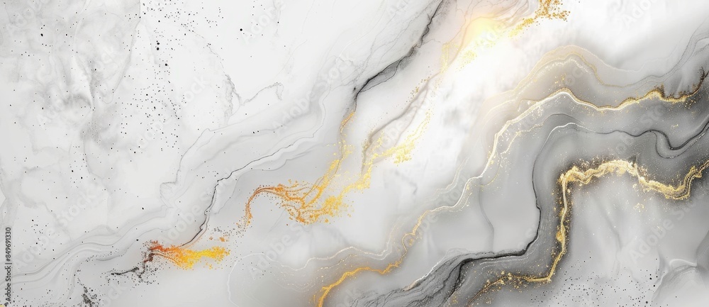 Fototapeta premium Abstract fluid art painting in alcohol ink technique, mixture of black and gold paints. Marble texture background, abstract painting with scattered golden glitters