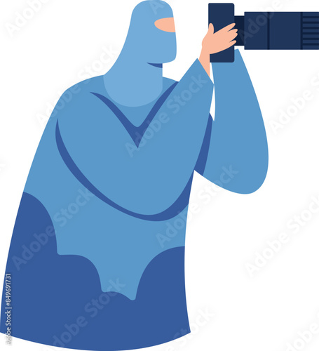 Individual wearing blue niqab using large camera photography isolated white background. Female photographer dressed hijab capturing shot telephoto lens. Young woman Muslim covering herself burka