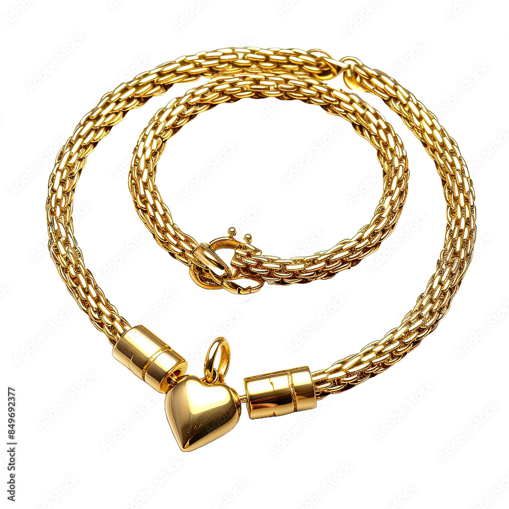 Gold bracelet with gold heart shaped pendant on transparent or white background Gold bracelet with gold heart shaped pendant on transparent or white background