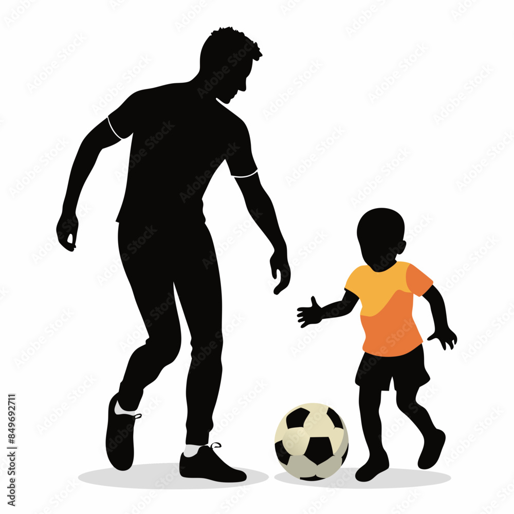 children  and father playing soccer silhouette vector art illustration