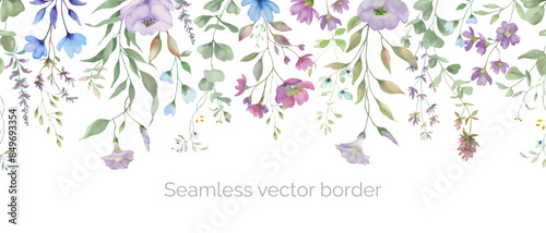 Seamless watercolor floral border. Hand drawn illustration isolated on white background. Vector EPS.