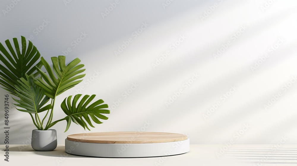 Minimalist scene with a wooden circular platform and a potted green plant against a bright white background with natural light shadows. Minimalist scene with a wooden circular platform and a potted green plant against a bright white background with natural light shadows.