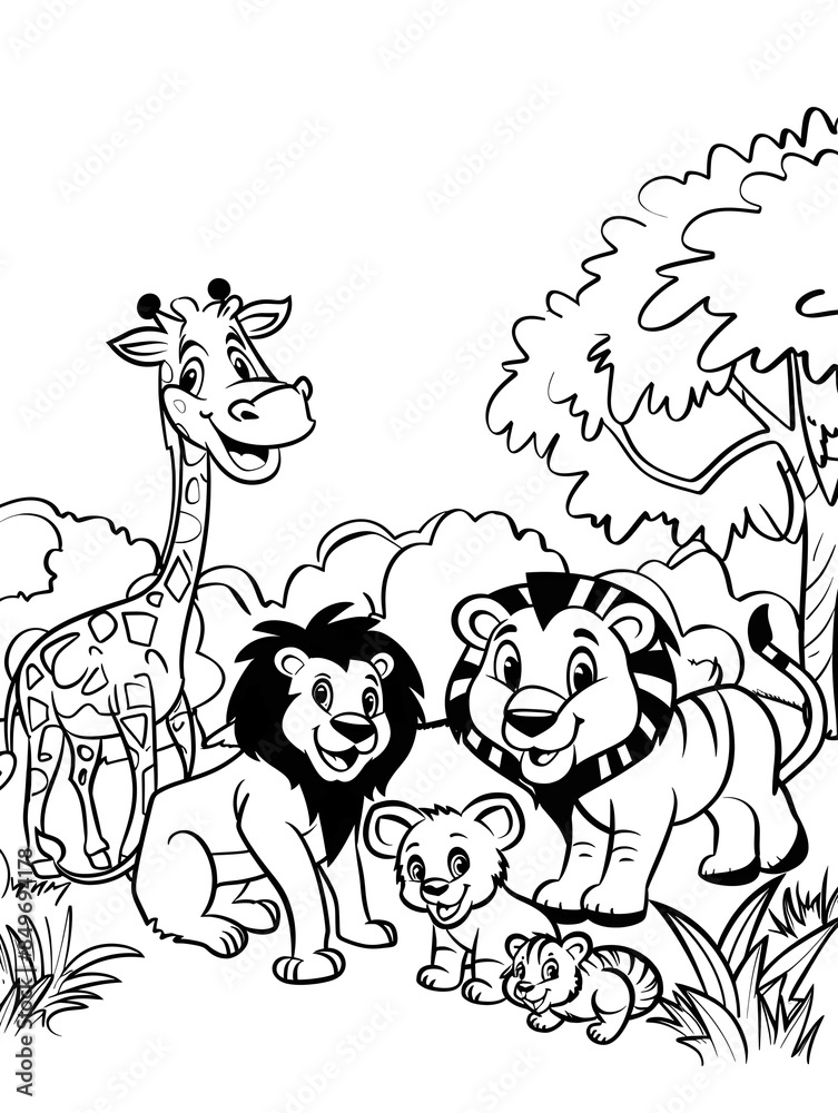 Obraz premium cartoon safari animals group coloring page