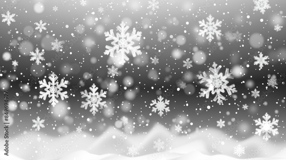 A serene winter scene depicting softly falling snowflakes against a grey and white snowy backdrop A serene winter scene depicting softly falling snowflakes against a grey and white snowy backdrop