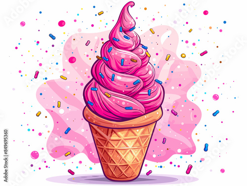 A pink ice cream cone with sprinkles on top. The cone is in a white background